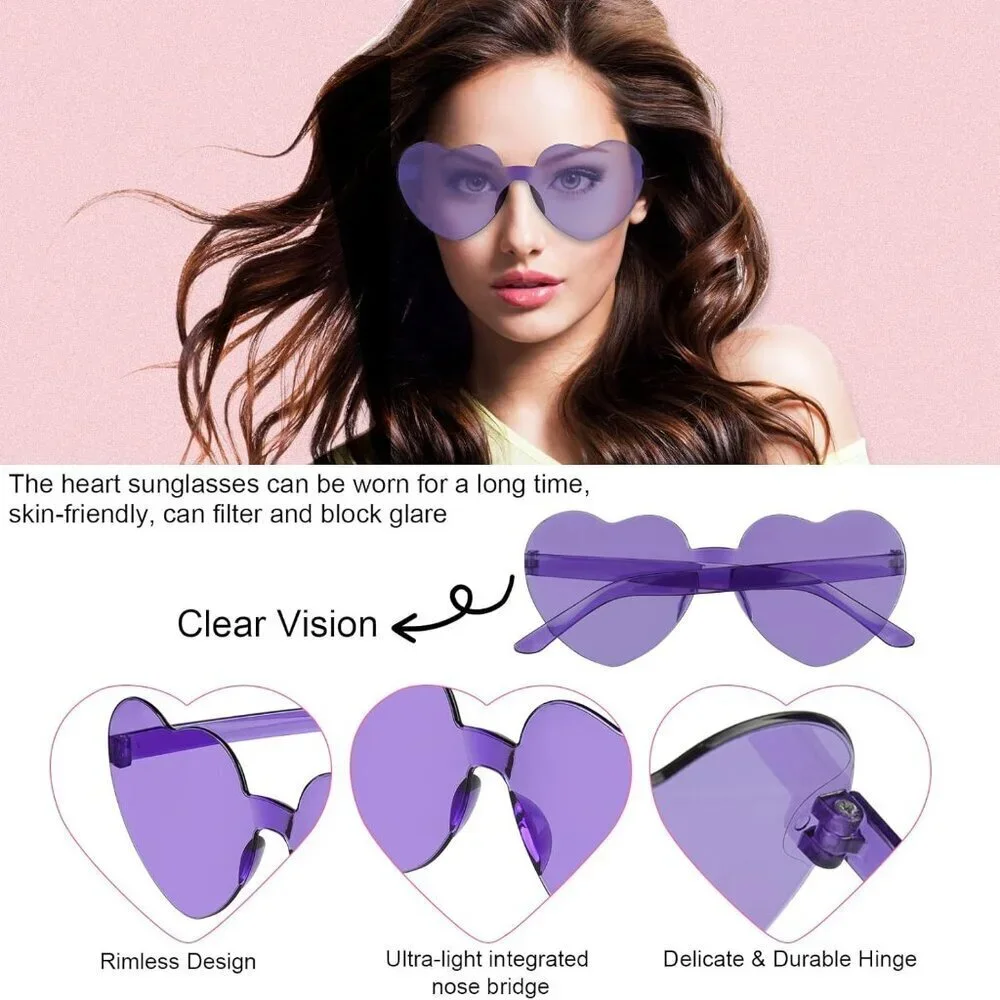 Purple Heart Sunglasses Women Rimless Heart-Shaped Party Favors Bulk 24